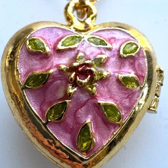 Pink Cloisonne Heart Locket Stainless Steel Hypoallergenic Necklace Chain #7009 - Picture 10 of 10